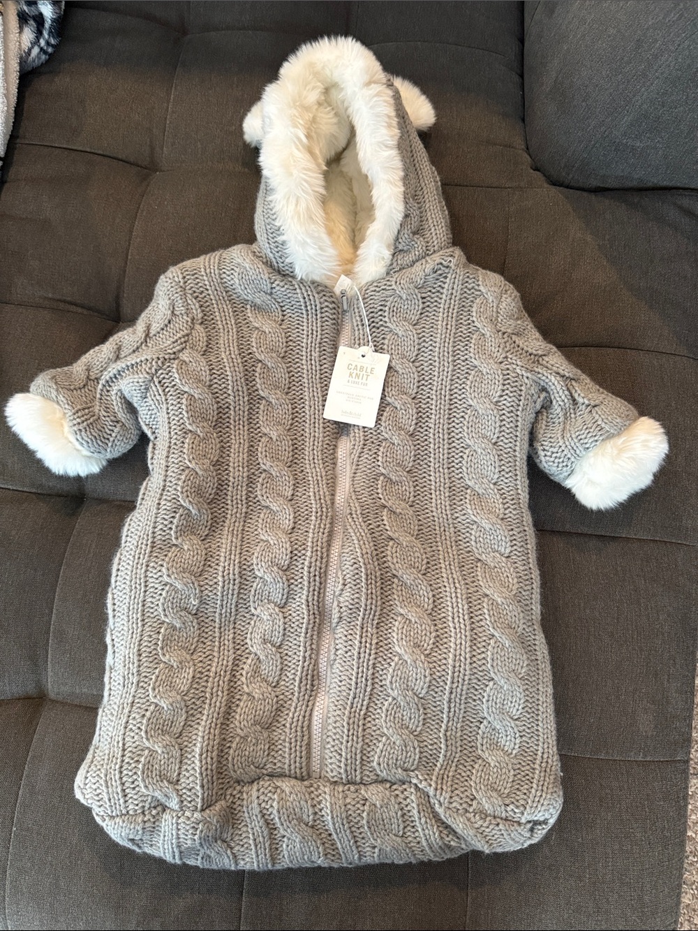 Cable Knit Faux Fur Hooded Baby Bunting - Light Gray